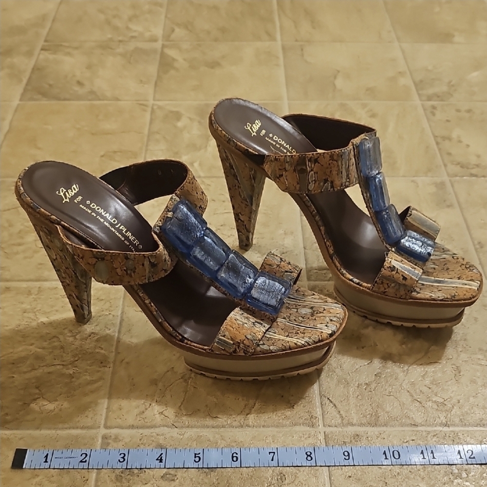 Donald Pliner "Lisa" cork wedge sandals with blue accents.